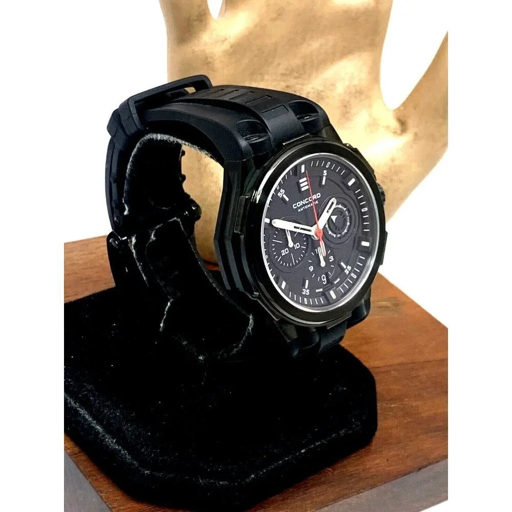 Concord Men's Watch C2 Swiss Automatic Chronograph Black Dial Rubber Ban…